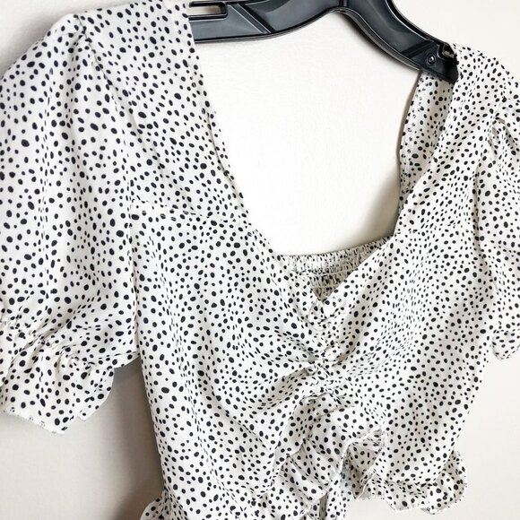 Shein Polka Dot Ruched Puff Sleeve Drawstring Crop Top Small - Picture 3 of 5